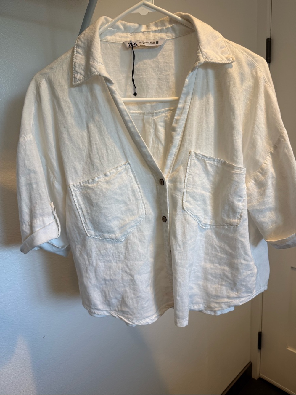 Zara White Linen-Blend Relaxed Button-Front Pocket Shirt